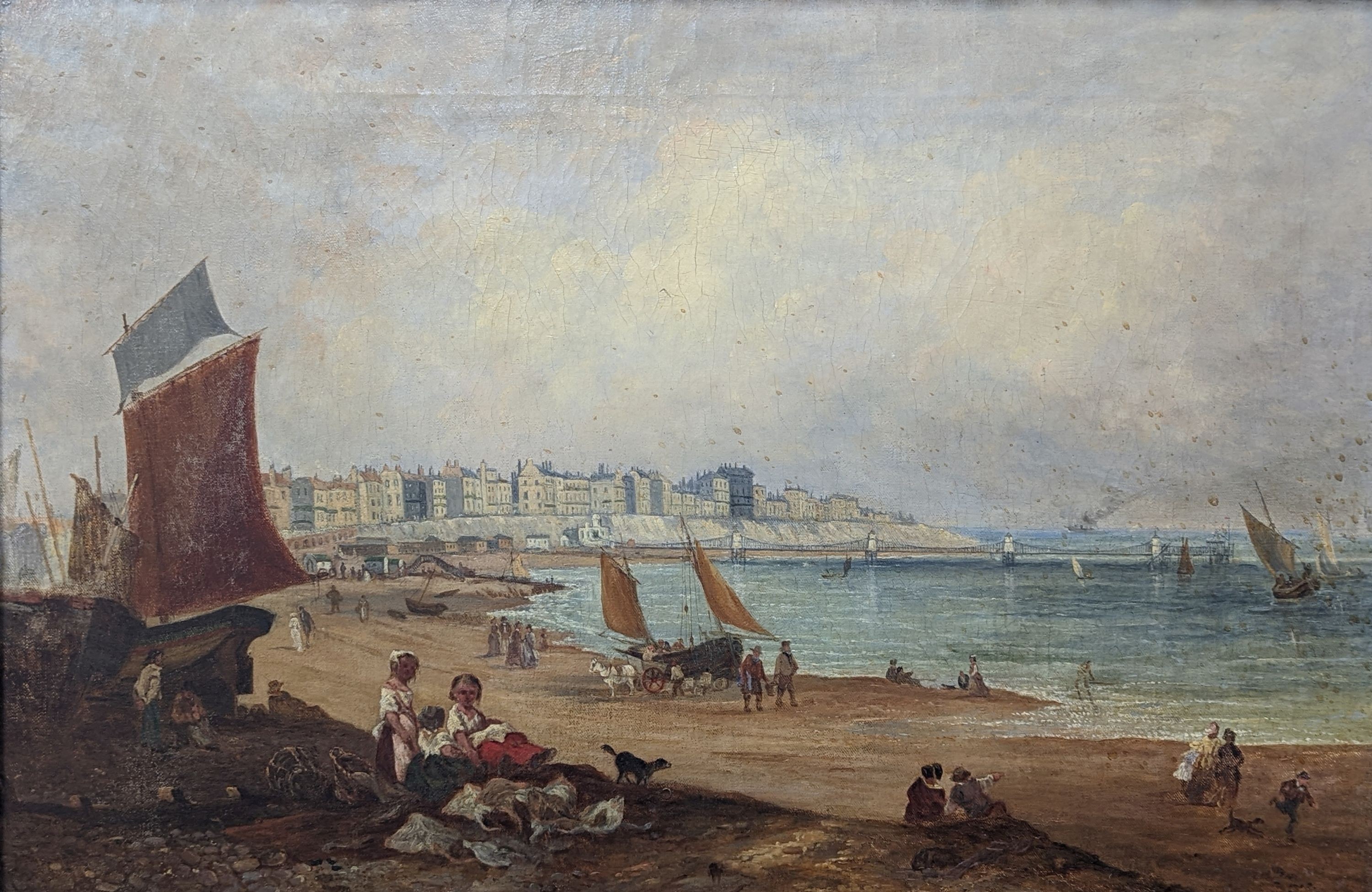 19th century English School, oil on canvas, View along Brighton seafront with the Chain Pier, 49 x 74cm